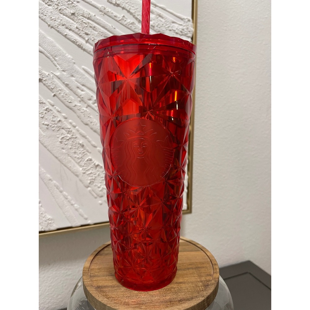 Starbucks Ruby Red Jewel Geometric Prism 24oz Venti Cold Cup Tumbler with Straw